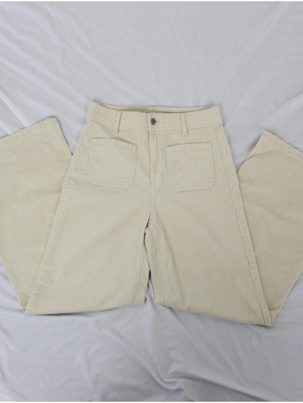 Oat New York Cream Wide-Leg Corduroy Pants with patchwork pockets. Size 6/28